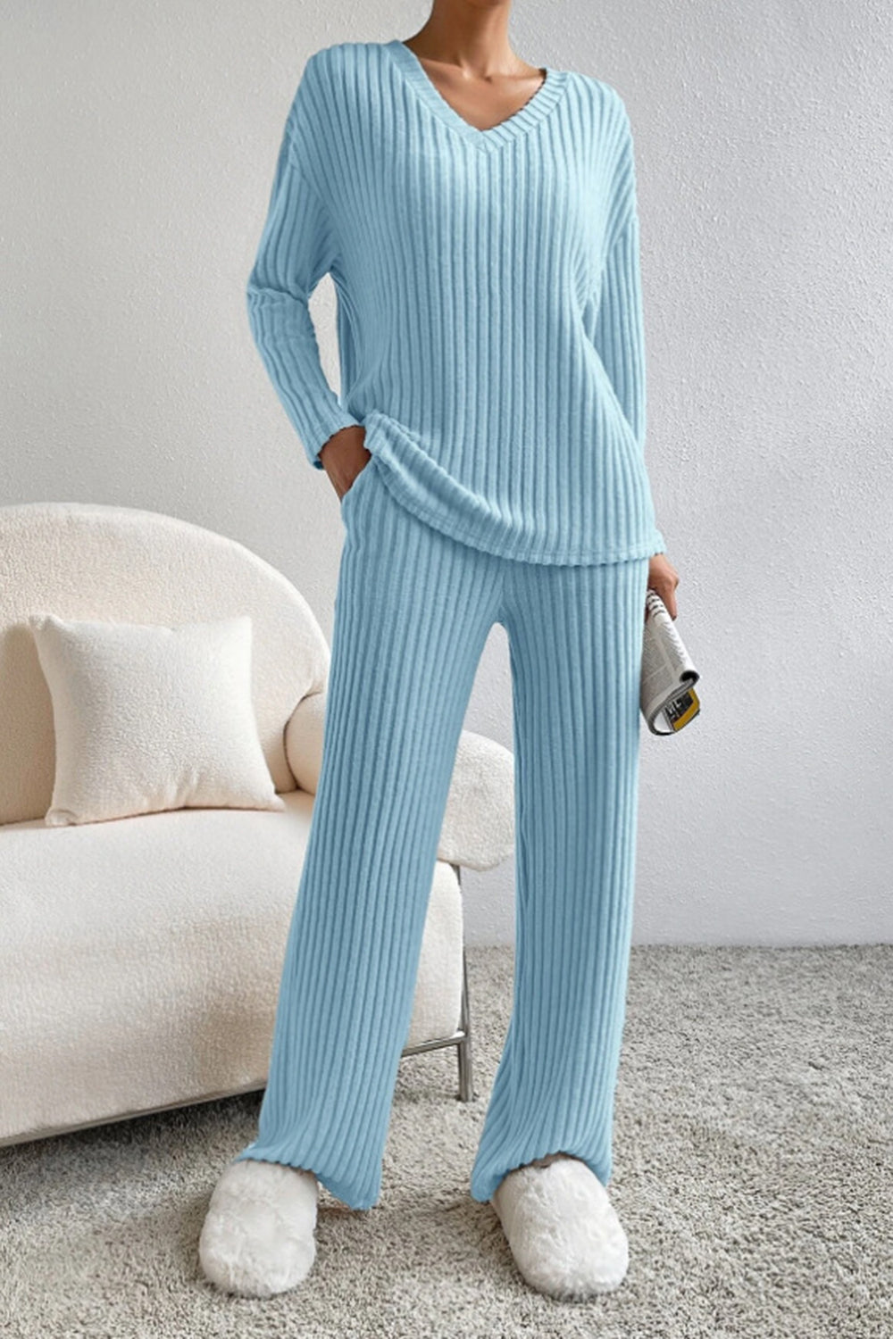 Ribbed V-Neck Top and Pants Set - AllIn Computer