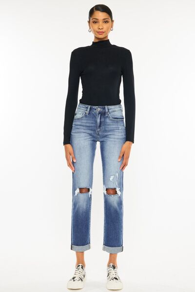 Kancan High Waist Distressed Hem Detail Cropped Straight Jeans - AllIn Computer
