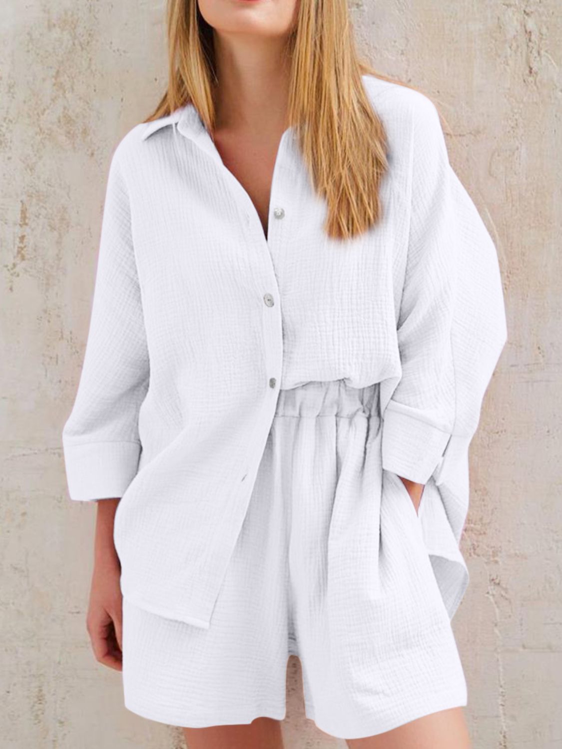 Texture Button Up Shirt and Shorts Set - AllIn Computer