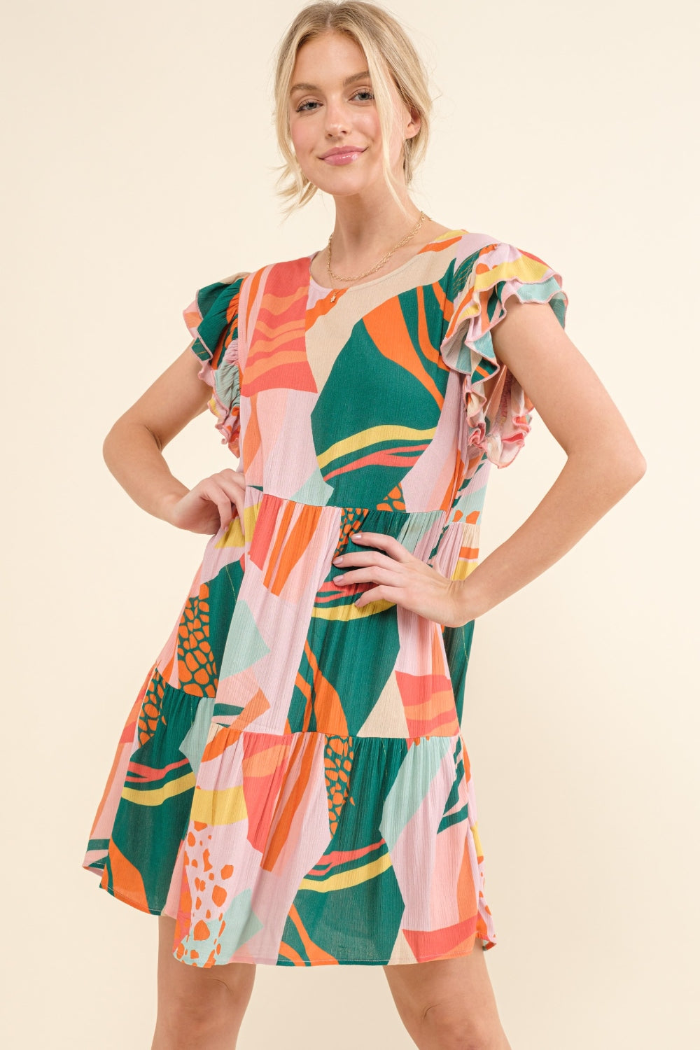 And The Why Printed Double Ruffle Sleeve Dress - AllIn Computer