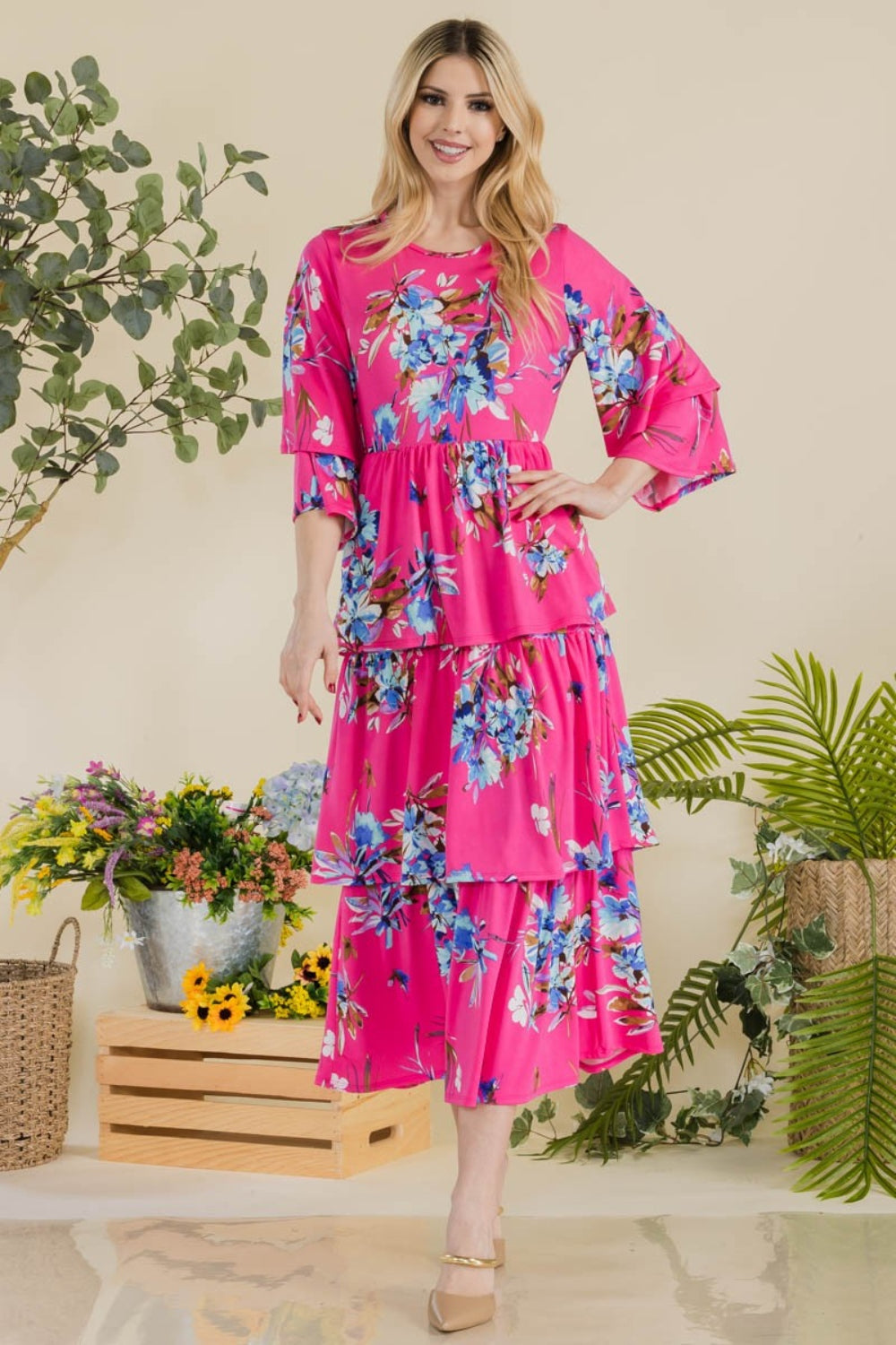 Celeste Full Size Floral Ruffle Tiered Midi Dress - AllIn Computer