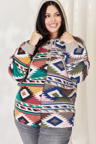 Celeste Full Size Geometric Exposed Seam Drawstring Hoodie - AllIn Computer