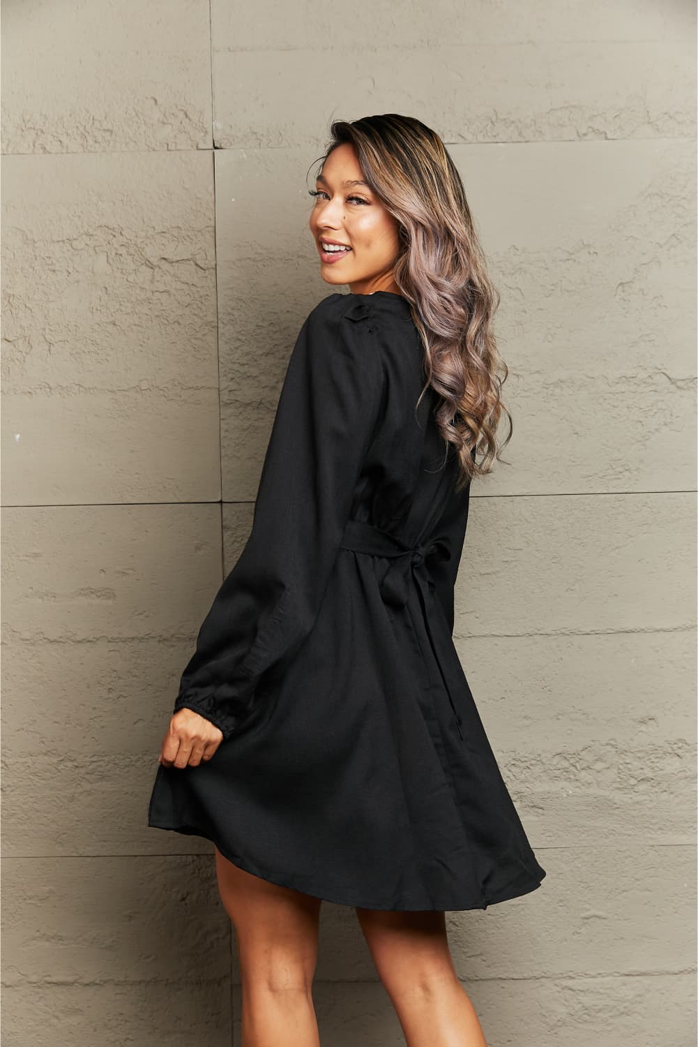Contrast V-Neck Tie Waist Dress - AllIn Computer