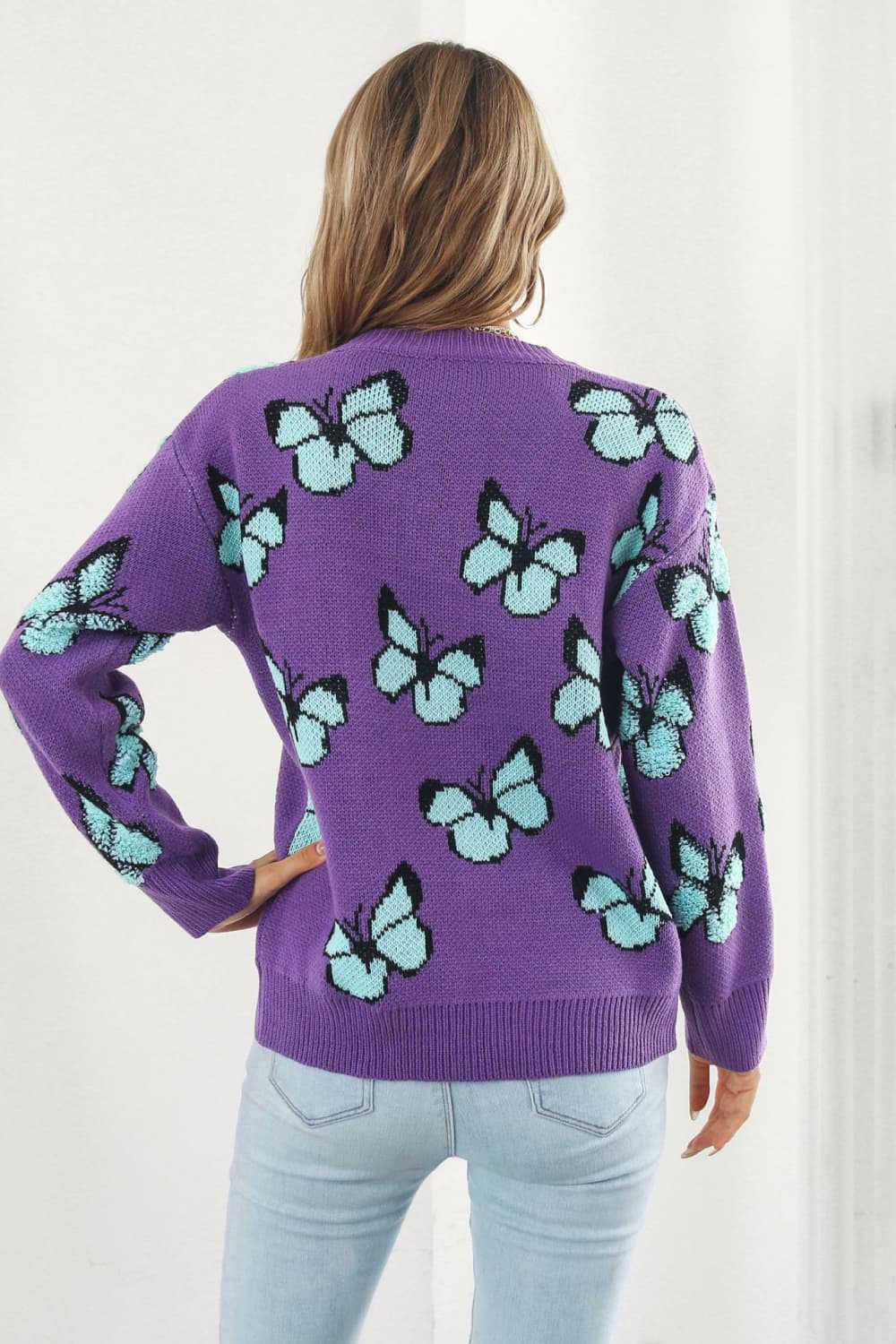 Butterfly Pattern Round Neck Dropped Shoulder Sweater - AllIn Computer