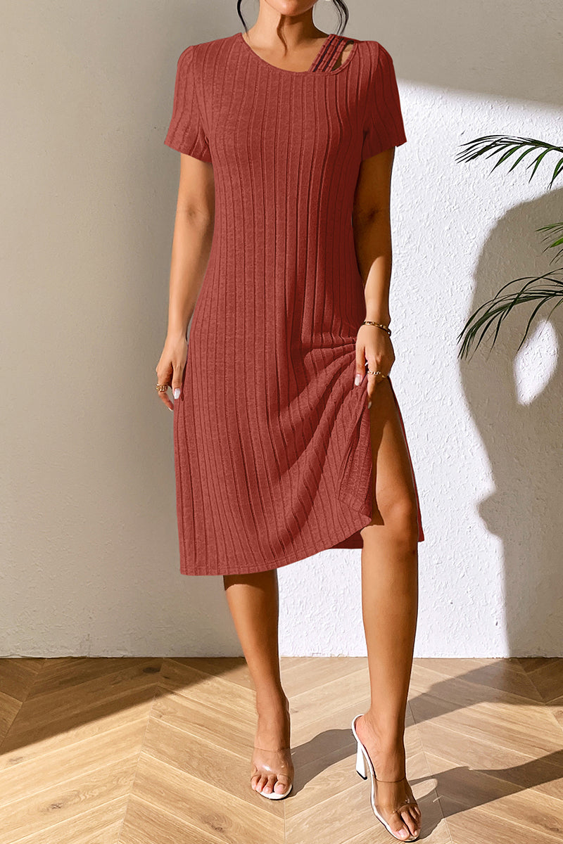 Ribbed Asymmetrical Neck Short Sleeve Dress - AllIn Computer