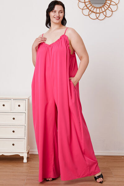 Full Size Ruffle Trim Tie Back Cami Jumpsuit with Pockets - AllIn Computer