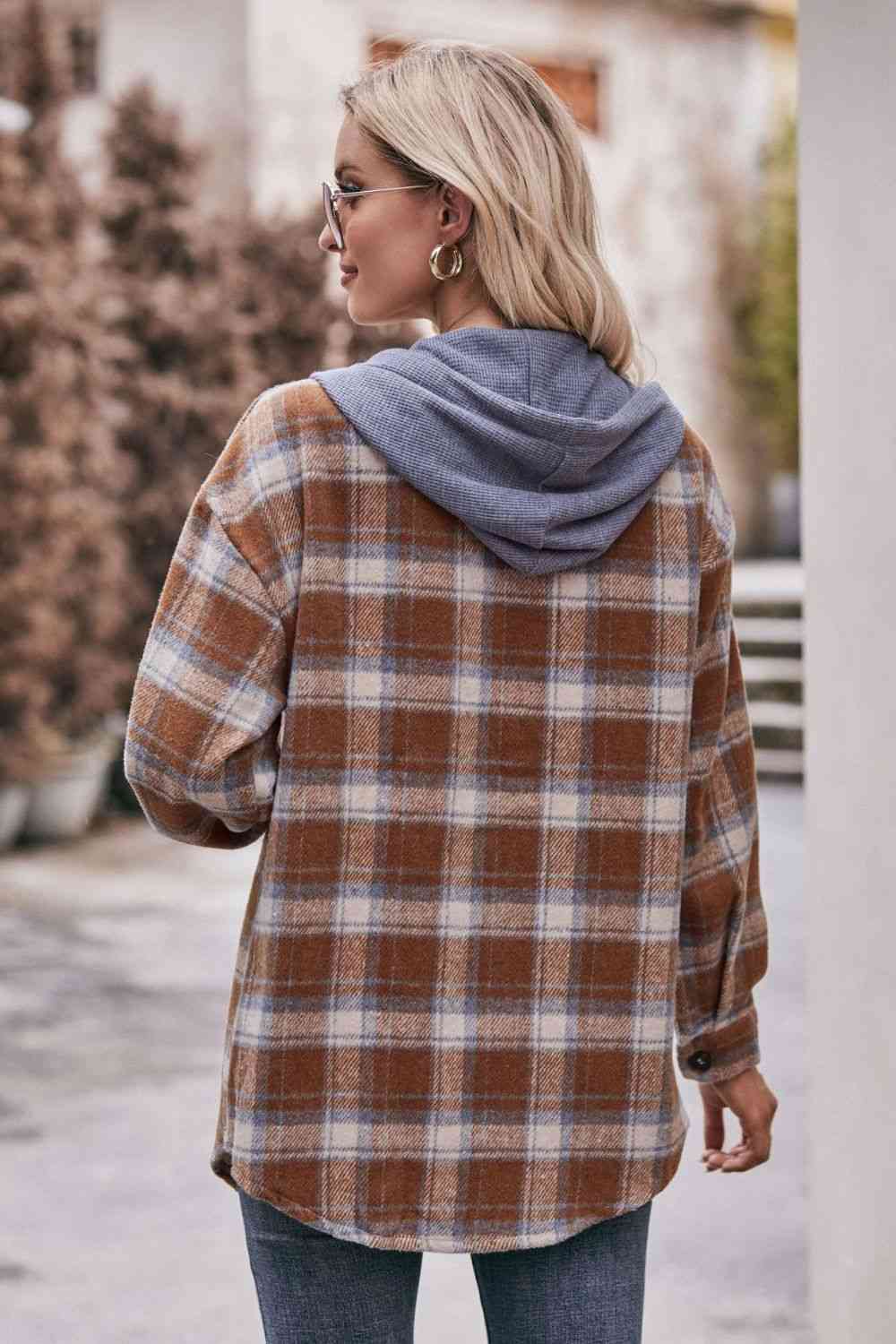 Plaid Dropped Shoulder Hooded Longline Jacket - AllIn Computer
