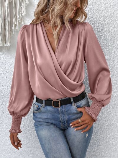 Surplice Smocked Lantern Sleeve Blouse - AllIn Computer
