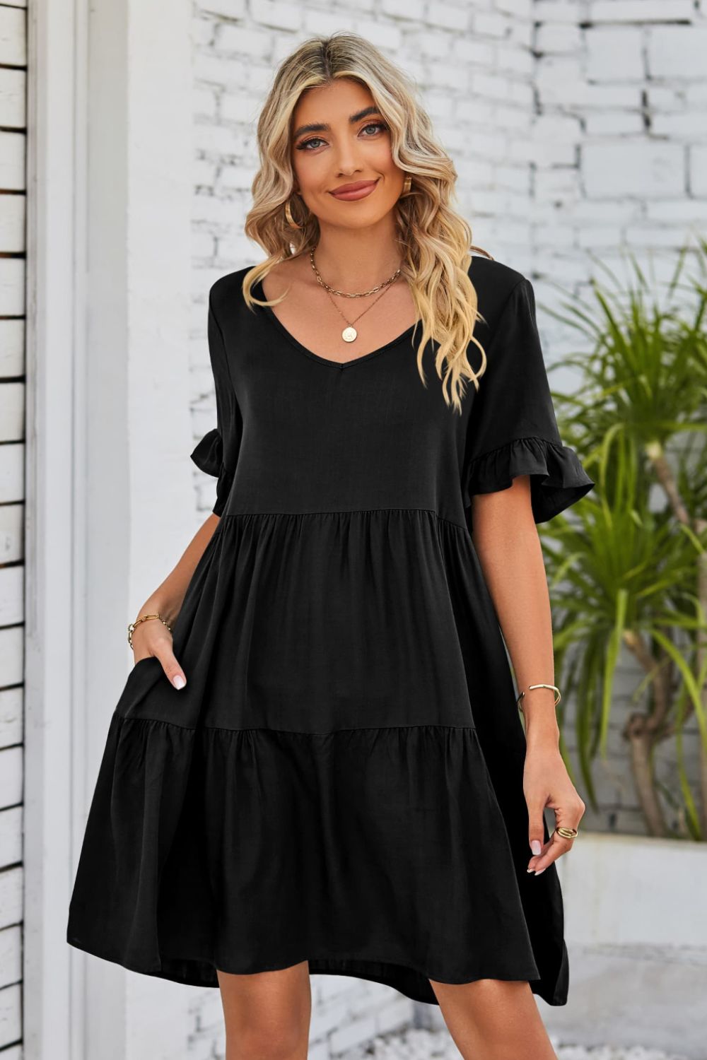 V-Neck Flounce Sleeve Tiered Dress - AllIn Computer