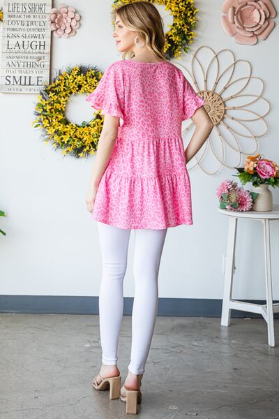 Heimish Full Size Leopard Ruffle Trim Short Sleeve Top - AllIn Computer
