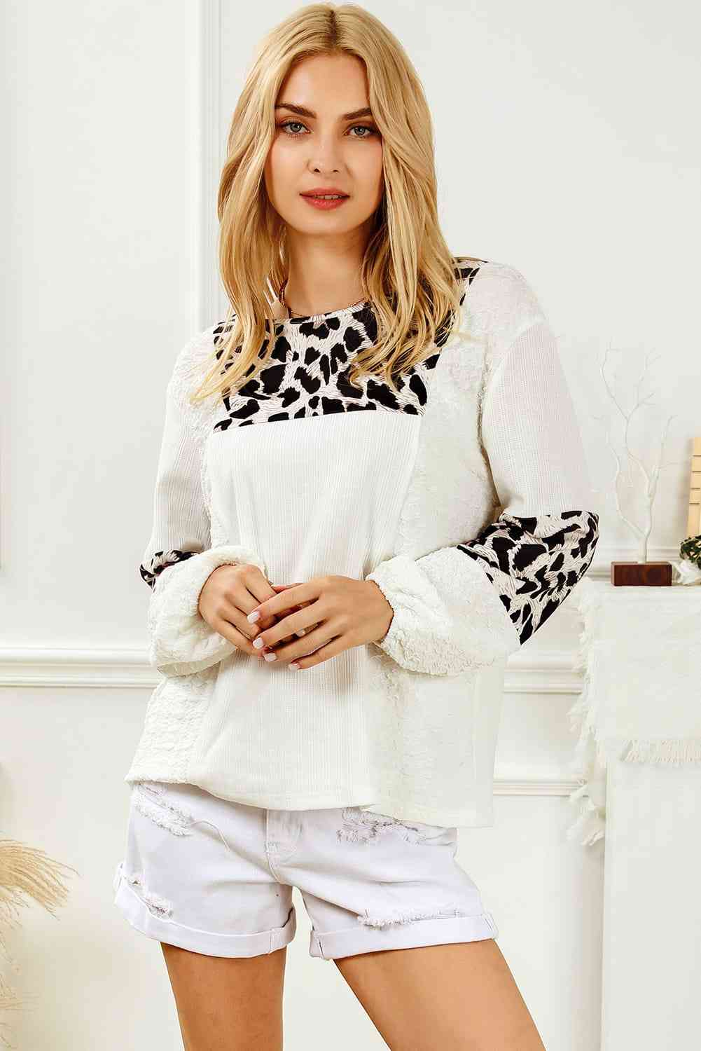 Printed Round Neck Long Sleeve Blouse - AllIn Computer