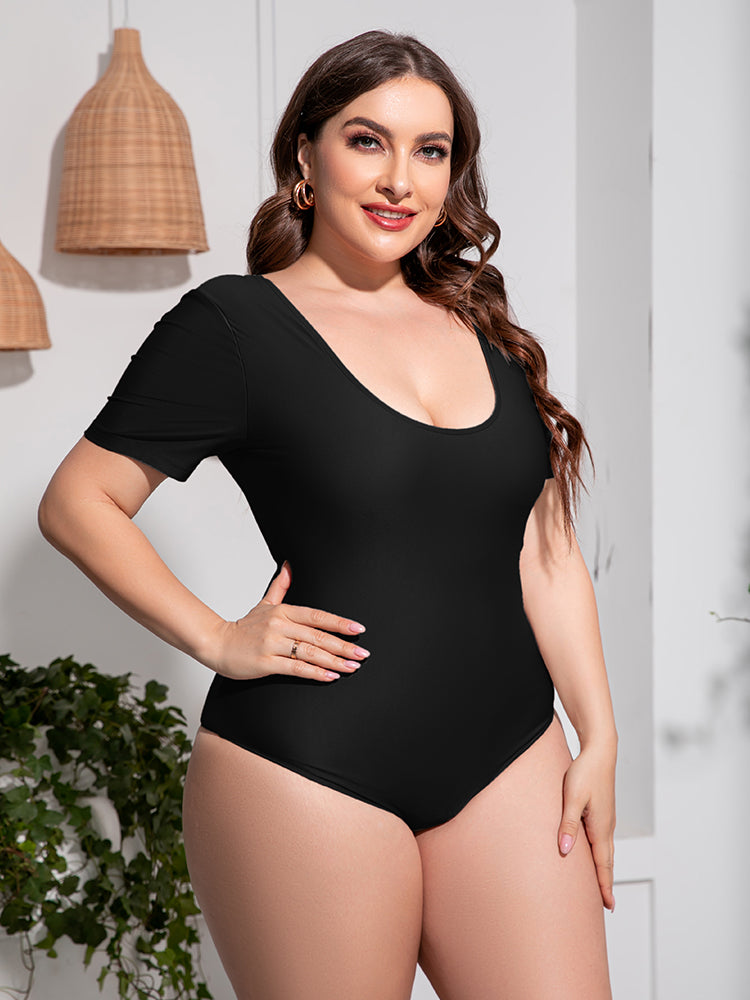 Plus Size Scoop Neck Short Sleeve One-Piece Swimsuit - AllIn Computer