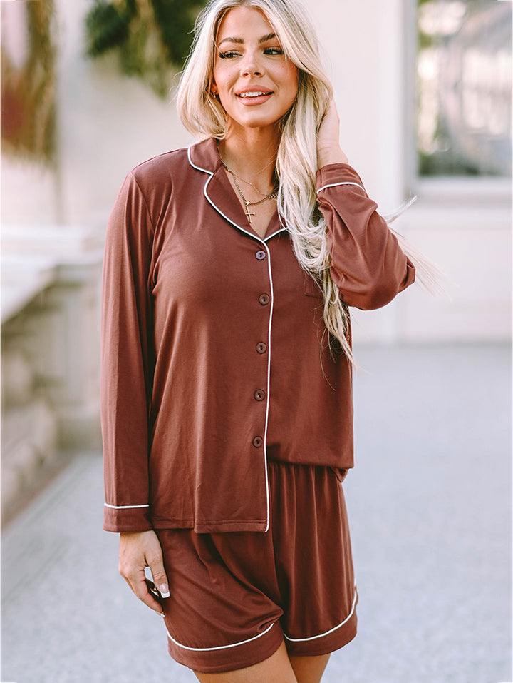 Lapel Collar Long Sleeve Buttoned Top and Shorts Lounge Set - AllIn Computer