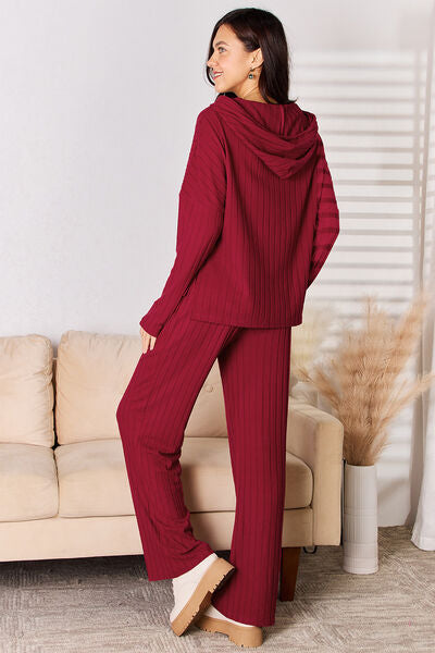 Basic Bae Full Size Ribbed Drawstring Hood Top and Straight Pants Set - AllIn Computer