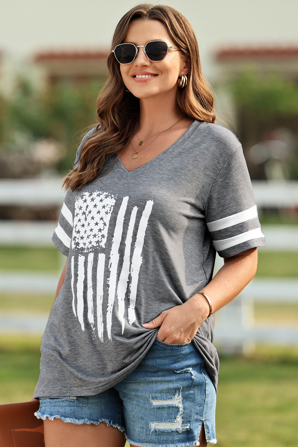 Plus Size US Flag Graphic V-Neck Tee - AllIn Computer