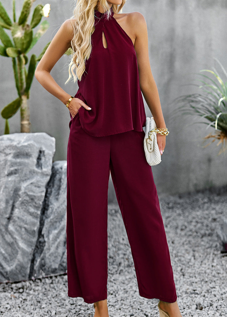 Halter Neck Top and Straight Leg Pants Set - AllIn Computer