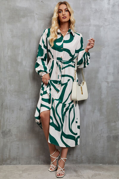 Tie-Waist Printed Button Up Dress - AllIn Computer