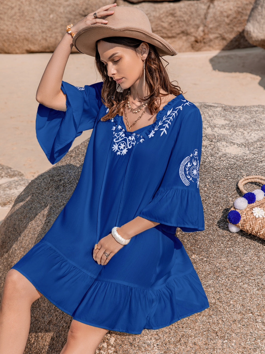 Printed Tie Neck Flounce Sleeve Mini Dress - AllIn Computer