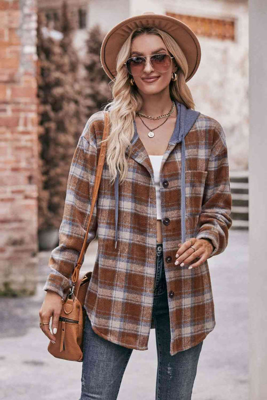 Plaid Dropped Shoulder Hooded Longline Jacket - AllIn Computer