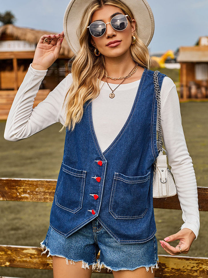Heart Button Denim Vest - AllIn Computer