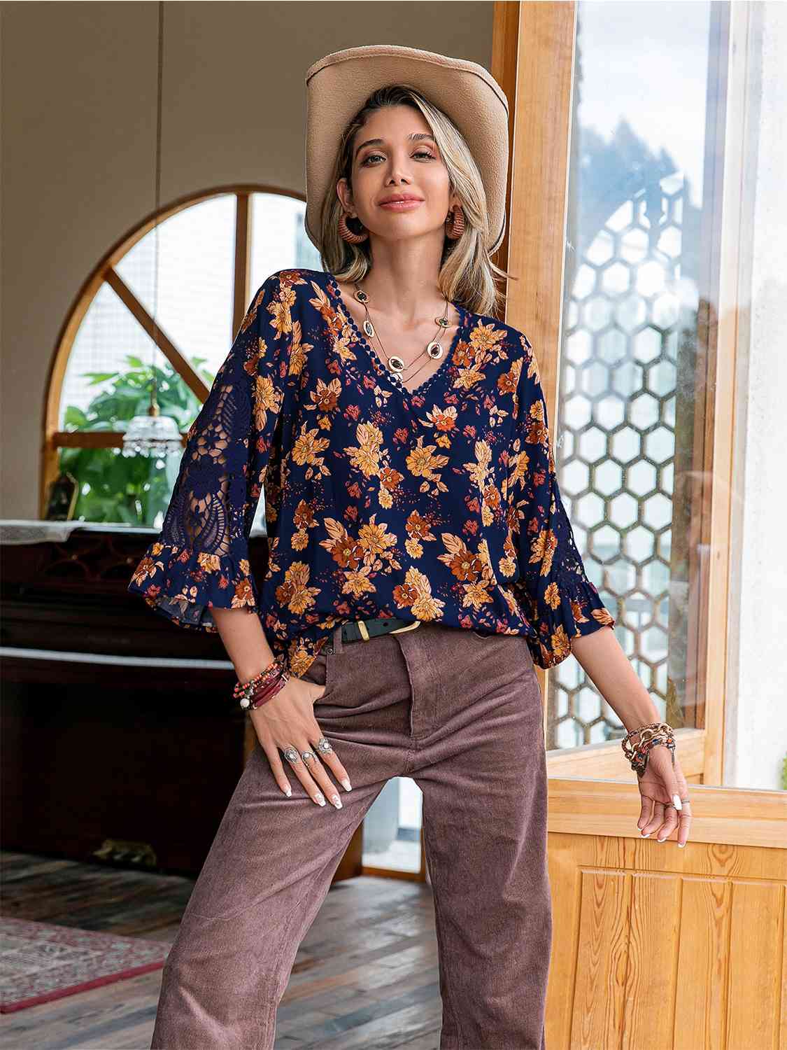 Floral V-Neck Crochet Blouse - AllIn Computer
