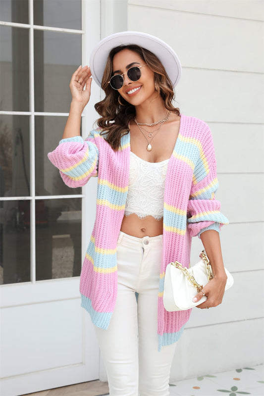 Color Block Ribbed Dropped Shoulder Open Front Cardigan - AllIn Computer