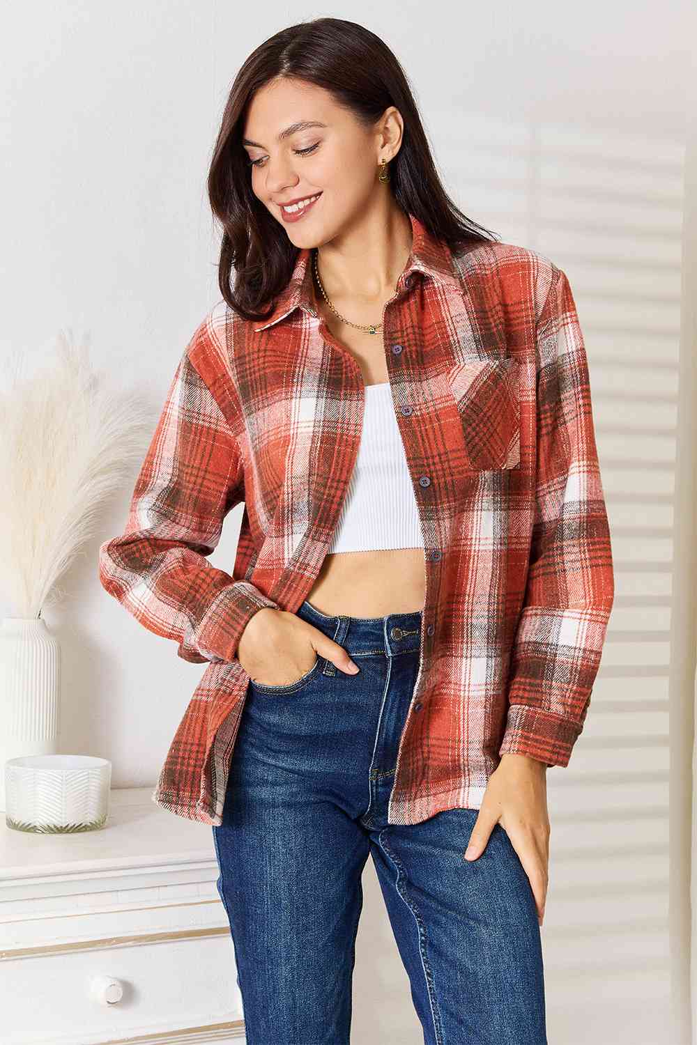 Double Take Plaid Collared Neck Long Sleeve Shirt - AllIn Computer