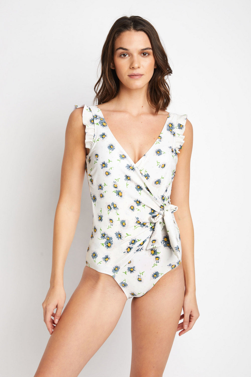 Marina West Swim Float On Ruffle Faux Wrap One-Piece in Daisy Cream - AllIn Computer
