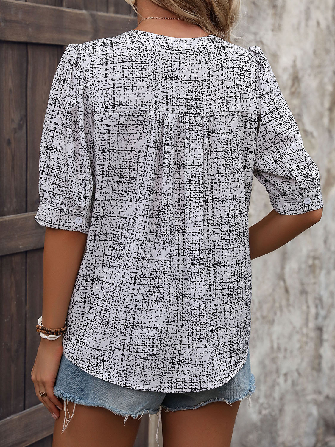 Printed Notched Half Sleeve Blouse - AllIn Computer