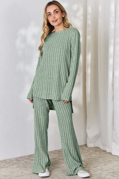 Basic Bae Full Size Ribbed High-Low Top and Wide Leg Pants Set - AllIn Computer