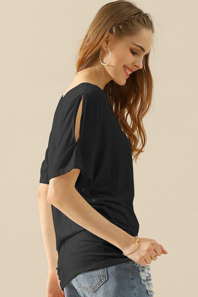 Ninexis Boat Neck Short Sleeve Ruched Side Top - AllIn Computer