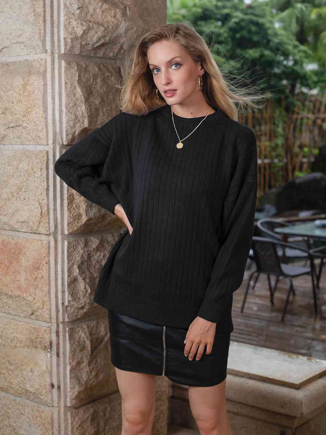 Round Neck Dropped Shoulder Sweater - AllIn Computer