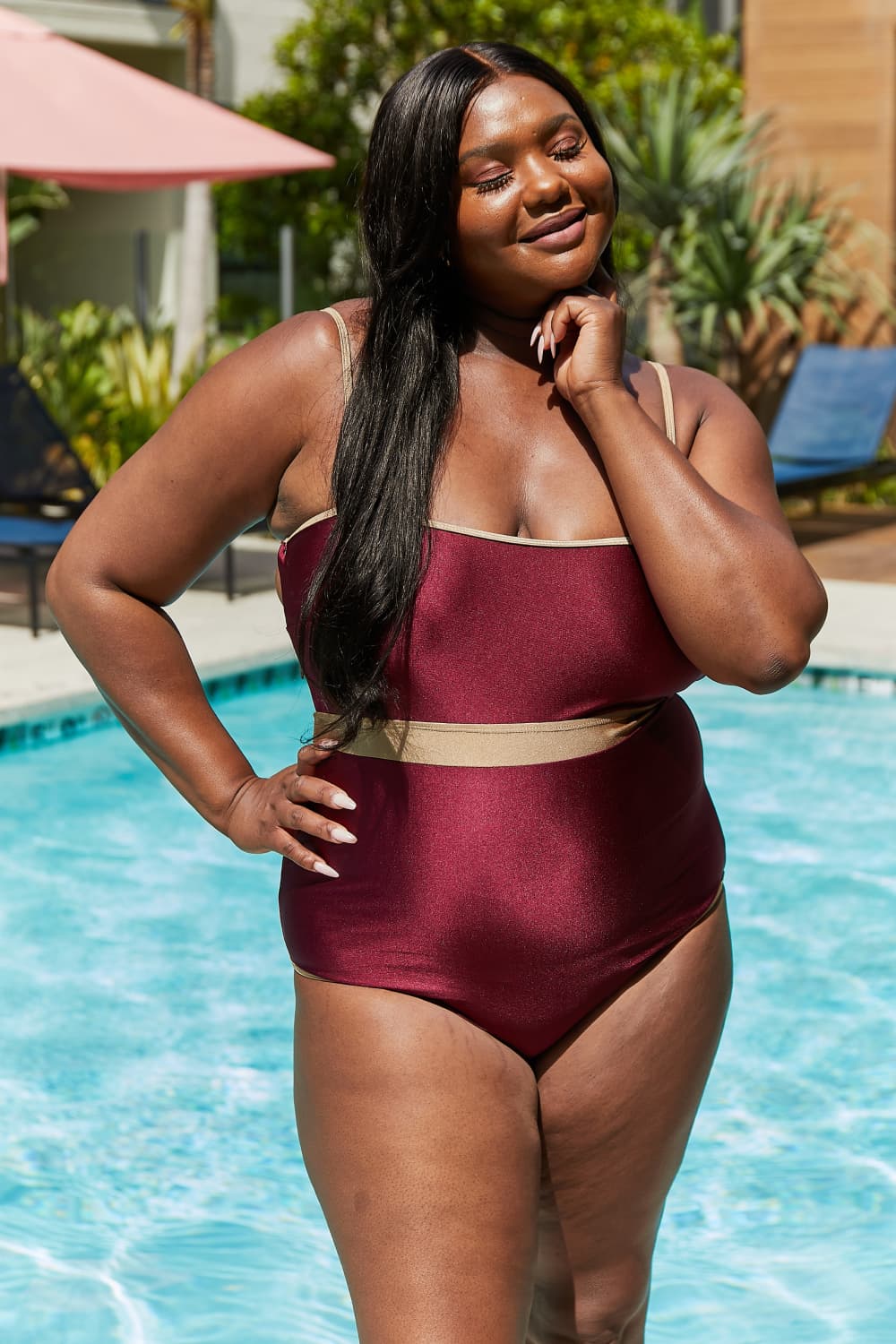 Marina West Swim Wave Break Contrast Trim One-Piece in Wine - AllIn Computer