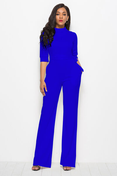 Mock Neck Tie-Waist Half Sleeve Jumpsuit - AllIn Computer