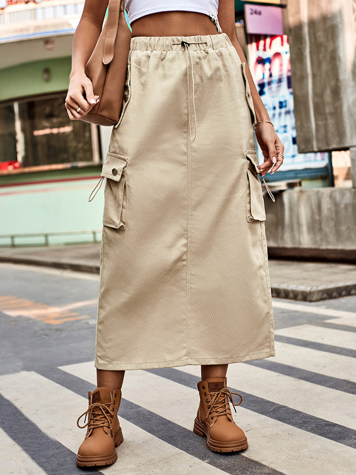 Drawstring Waist Slit Denim Skirt - AllIn Computer