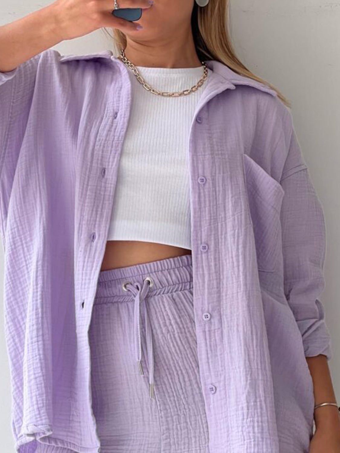 Texture Button Up Shirt and Drawstring Shorts Set - AllIn Computer