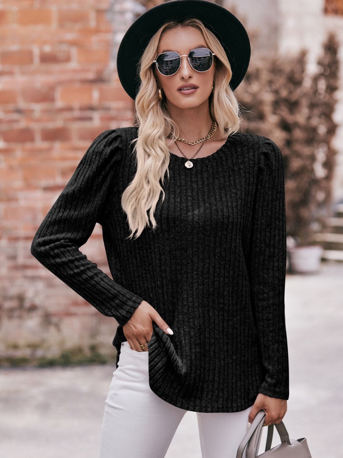 Double Take Round Neck Puff Sleeve Ribbed Top - AllIn Computer