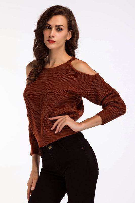 Double Take Round Neck Cold-Shoulder Ribbed Sweater - AllIn Computer