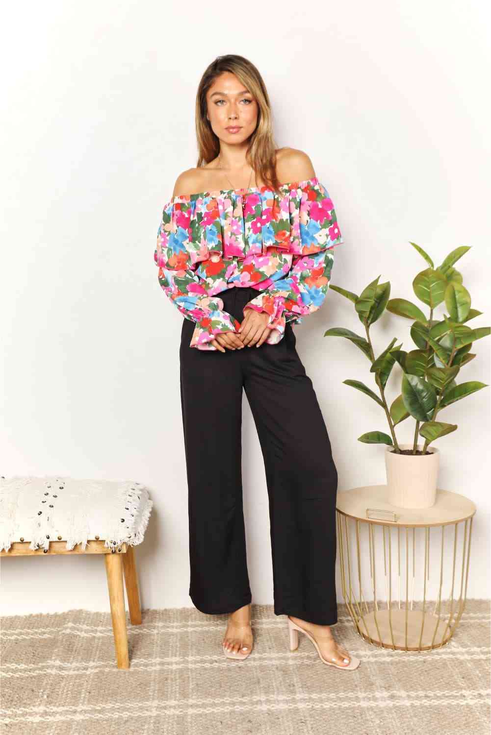 Double Take Floral Off-Shoulder Flounce Sleeve Layered Blouse - AllIn Computer