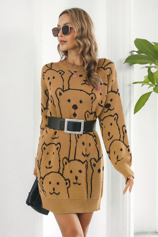 Bear Pattern Round Neck Sweater Dress - AllIn Computer