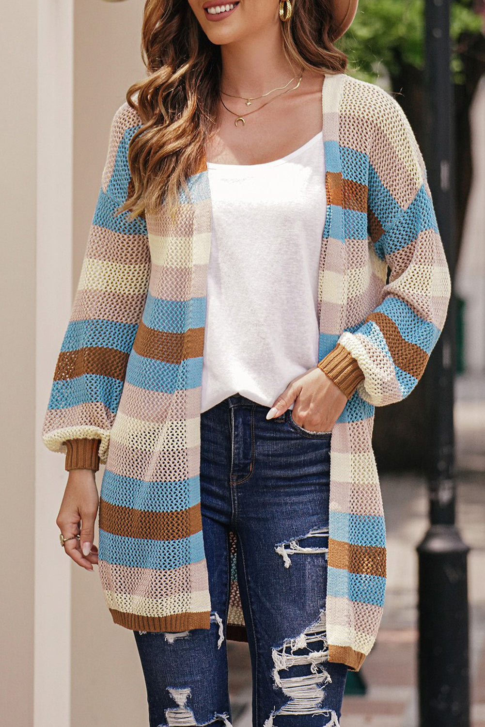 Full Size Striped Long Sleeve Openwork Cardigan | CLOTHING,SHOES & ACCESSORIES | cardigans, outerwear, plus size, Ship From Overseas, SYNZ, women's outerwear | Trendsi