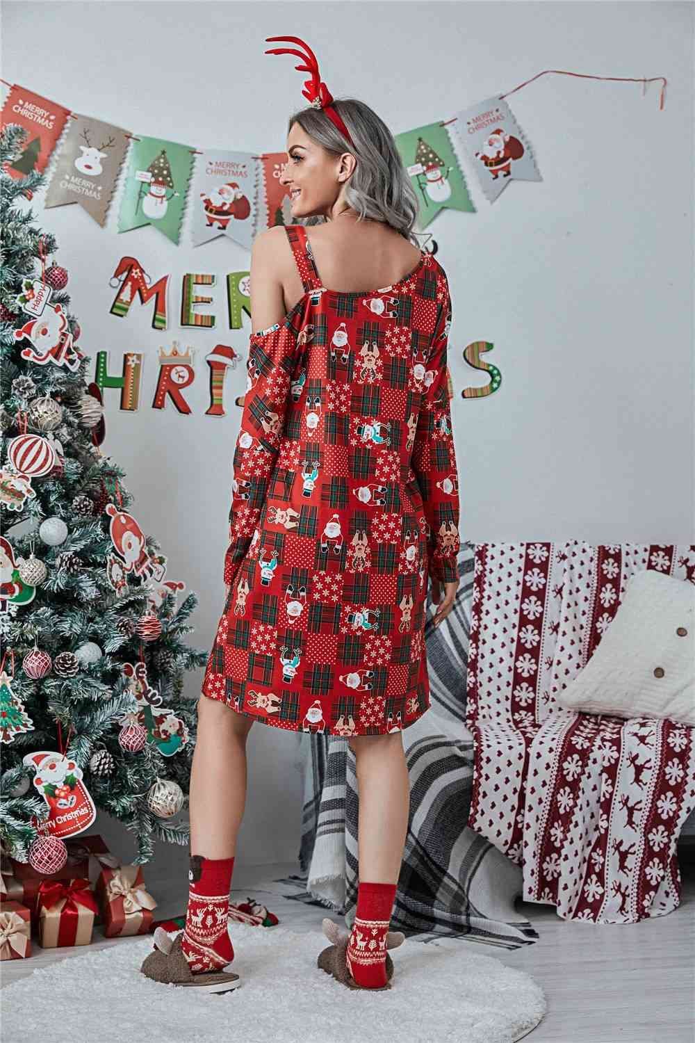 Christmas Asymmetrical Neck Long Sleeve Dress - AllIn Computer