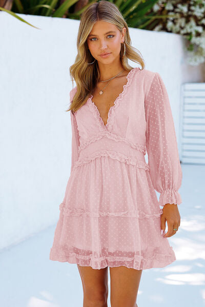 Swiss Dot Frill V-Neck Mini Dress - AllIn Computer