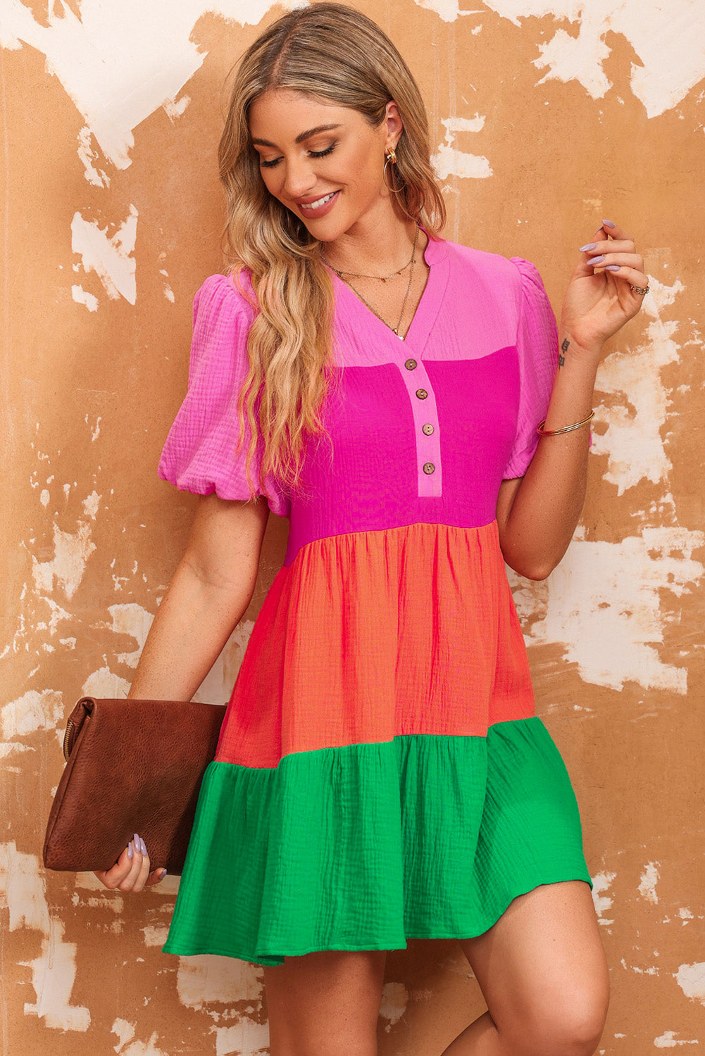 Color Block Buttoned Puff Sleeve Dress - AllIn Computer