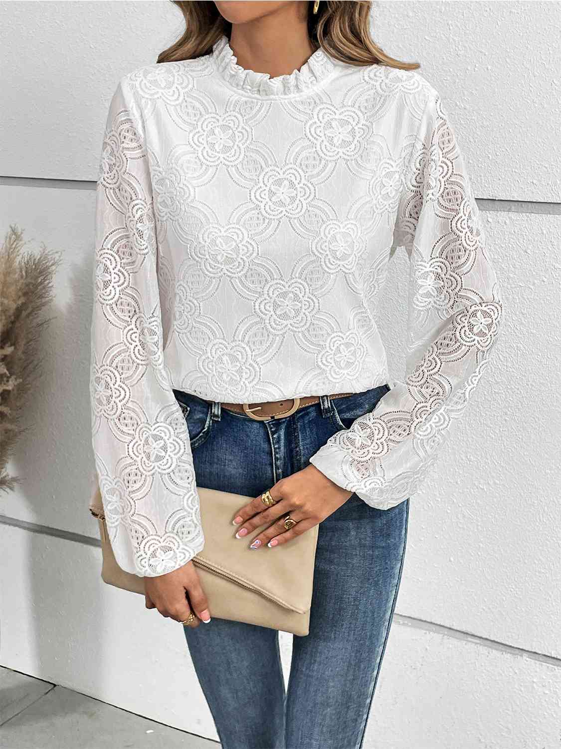 Eyelet Round Neck Long Sleeve Blouse - AllIn Computer