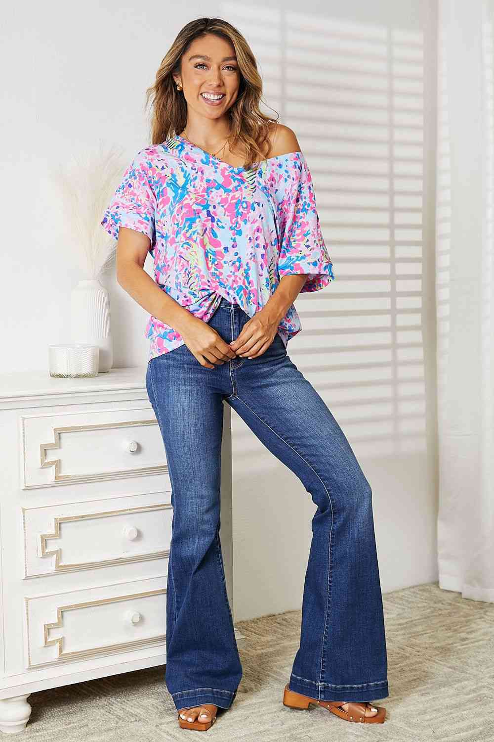 Double Take Printed V-Neck T-Shirt - AllIn Computer