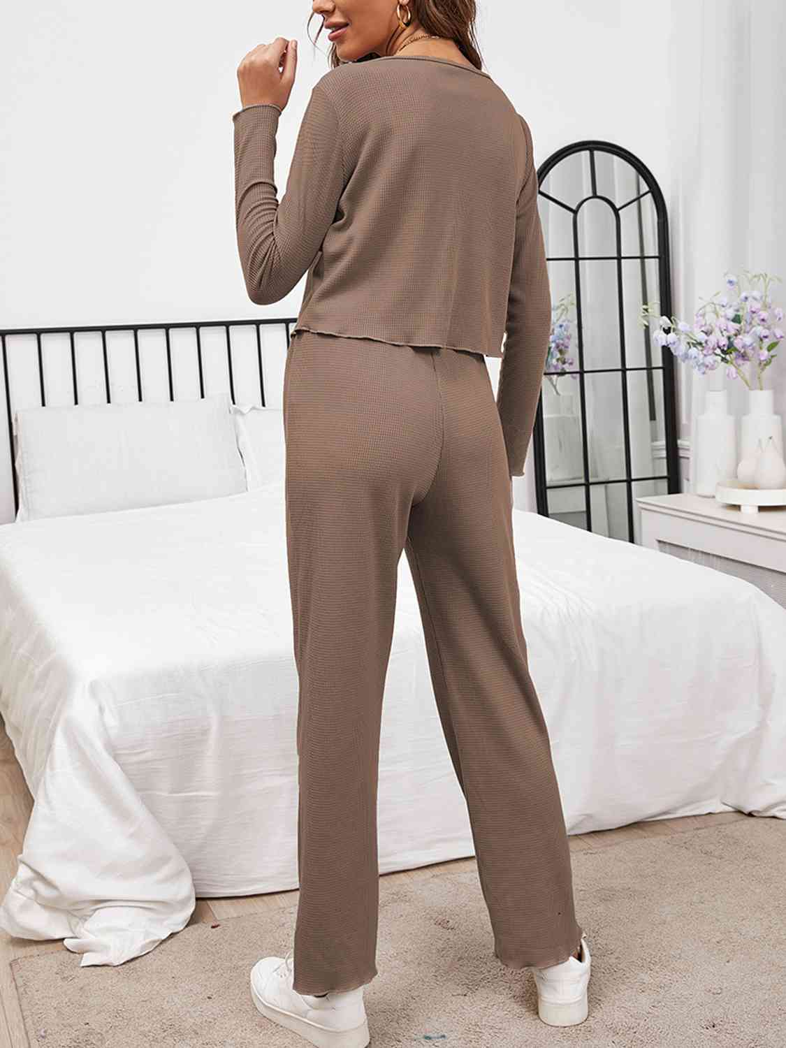 Button Front Long Sleeve Top and Pants Lounge Set - AllIn Computer