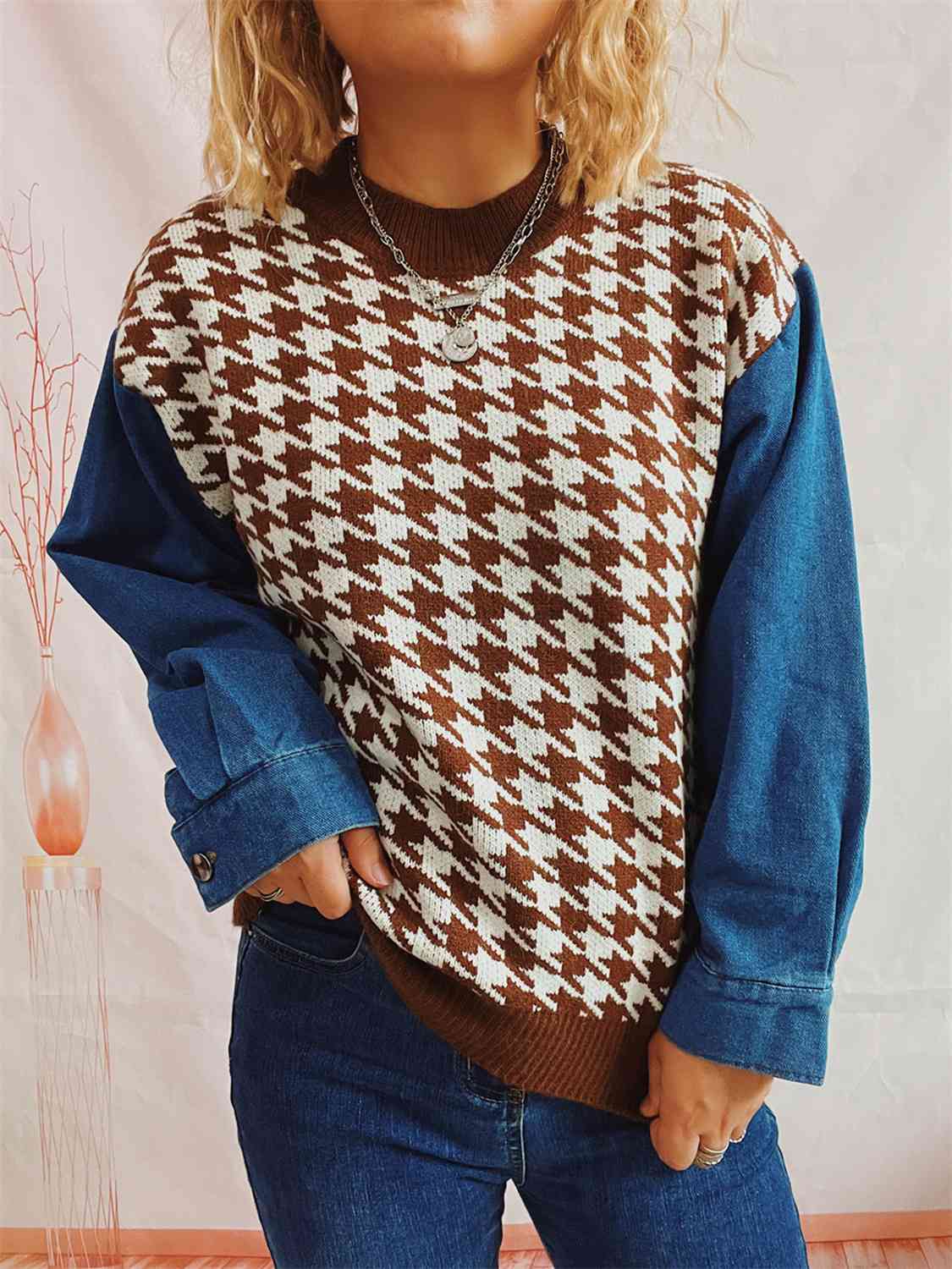 Houndstooth Denim Sleeve Sweater - AllIn Computer