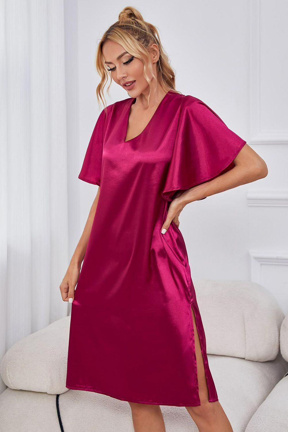 Satin Flutter Sleeve Side Slit V-Neck Night Dress - AllIn Computer