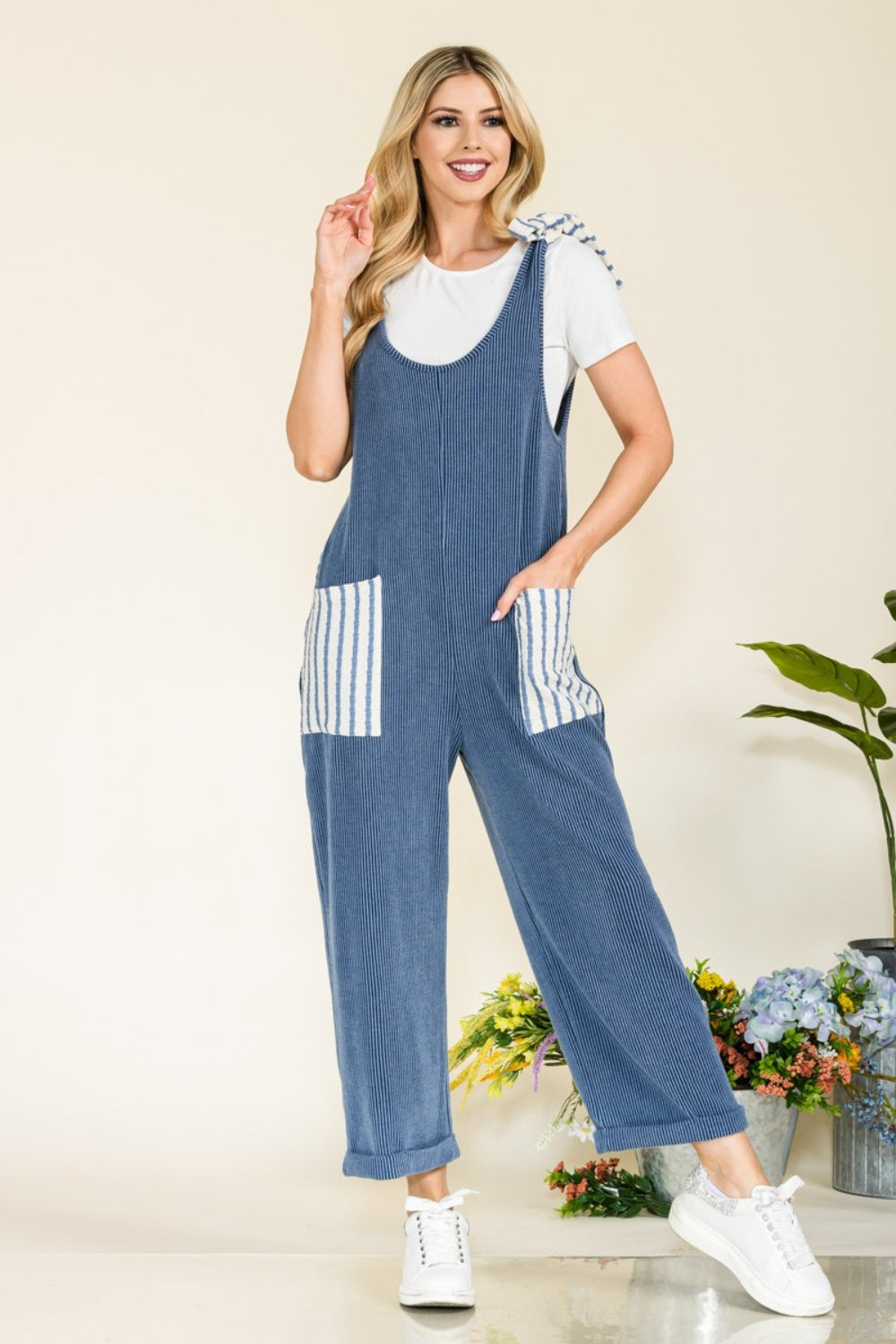 Celeste Full Size Stripe Contrast Pocket Rib Jumpsuit - AllIn Computer